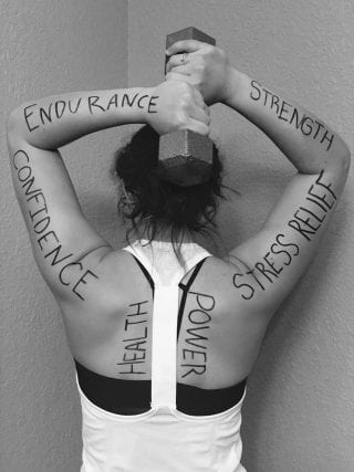 Photo illustration of benefits of exercise: confidence, endurance, strength, stress relieve, power and health